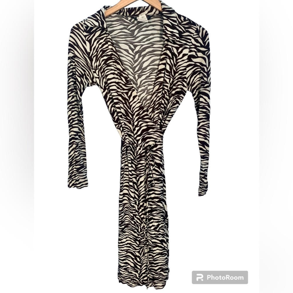 A.B.S By Allen Swartz Brown White Zebra Print Wrap Dress Vintage Size S